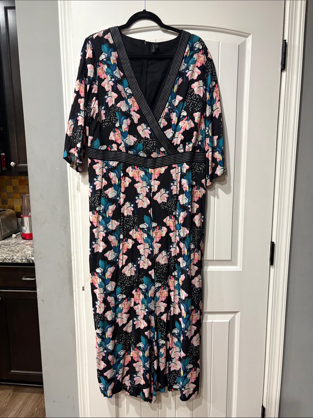 Floral Wrap Maxi Dress in Black and light Pink and blue